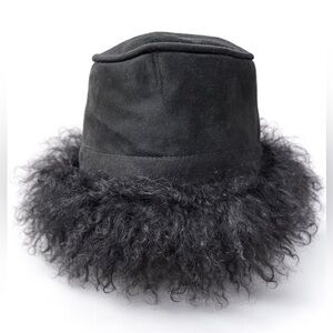 By Holly Merritt Black Suede Shearling Fur Trim Hat – Winter Bucket Cloche